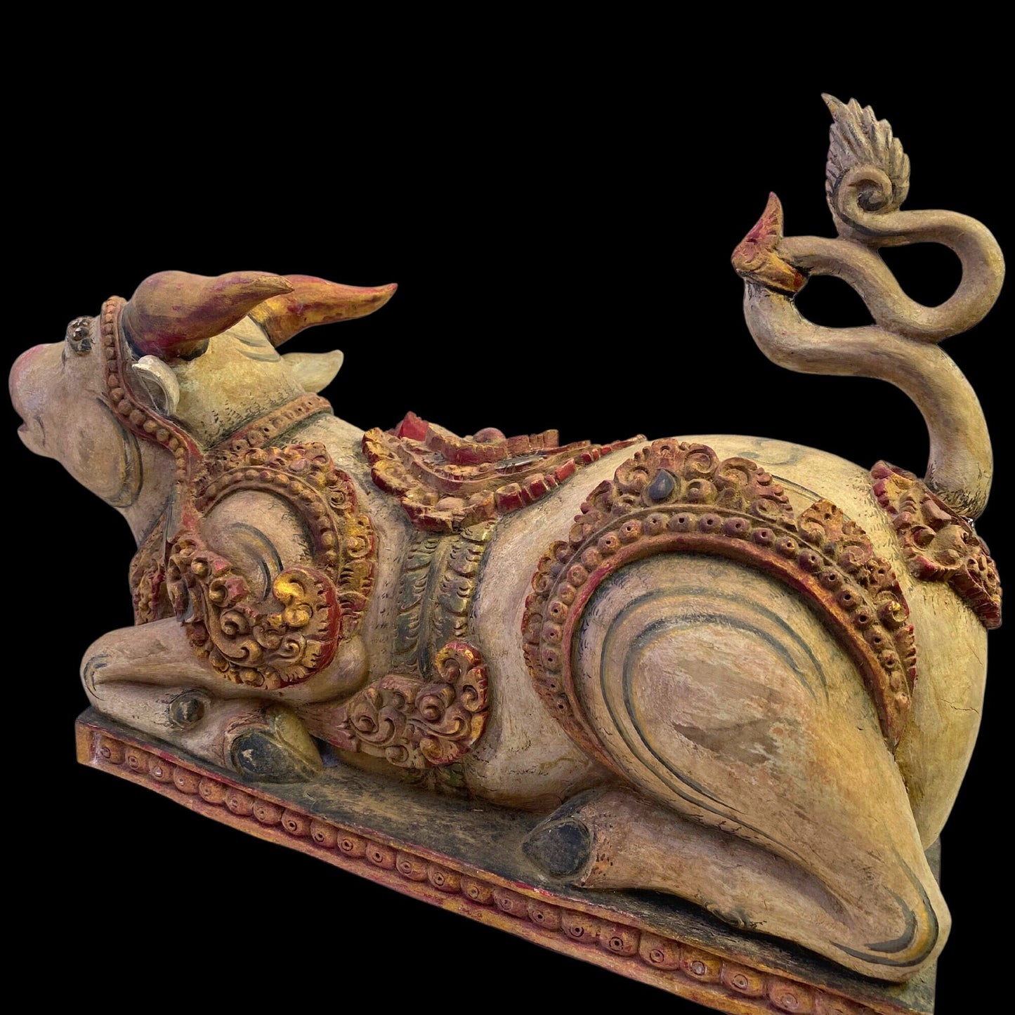 Old Balinese Vintage Nandi The Bull Pratima Sculpture Polychrome Hand Carved Cempaka Wood Statue Bali Indonesian temple Art