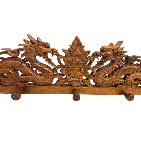 Balinese Twin Dragon Naga Lotus Coat Hook Relief Panel Hand Carved Wood Bali wall Art Asian Home Decor