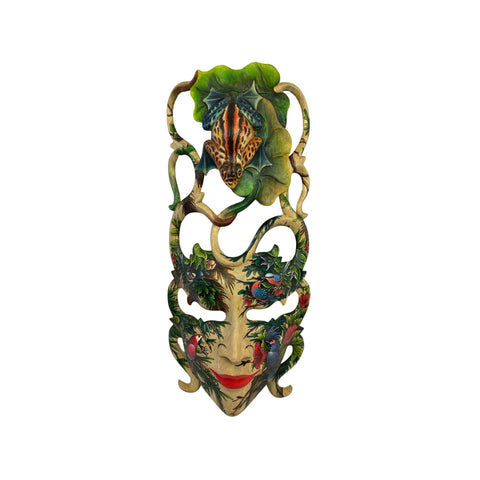 Balinese Mask Frog  Toad Rainforest Goddess Dream Mask Wood Carving Indonesian Hand Carved Painted Wall Decor Art