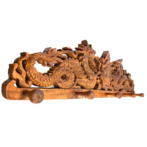 Balinese Twin Dragon Naga Lotus Coat Hook Relief Panel Hand Carved Wood Bali wall Art Asian Home Decor