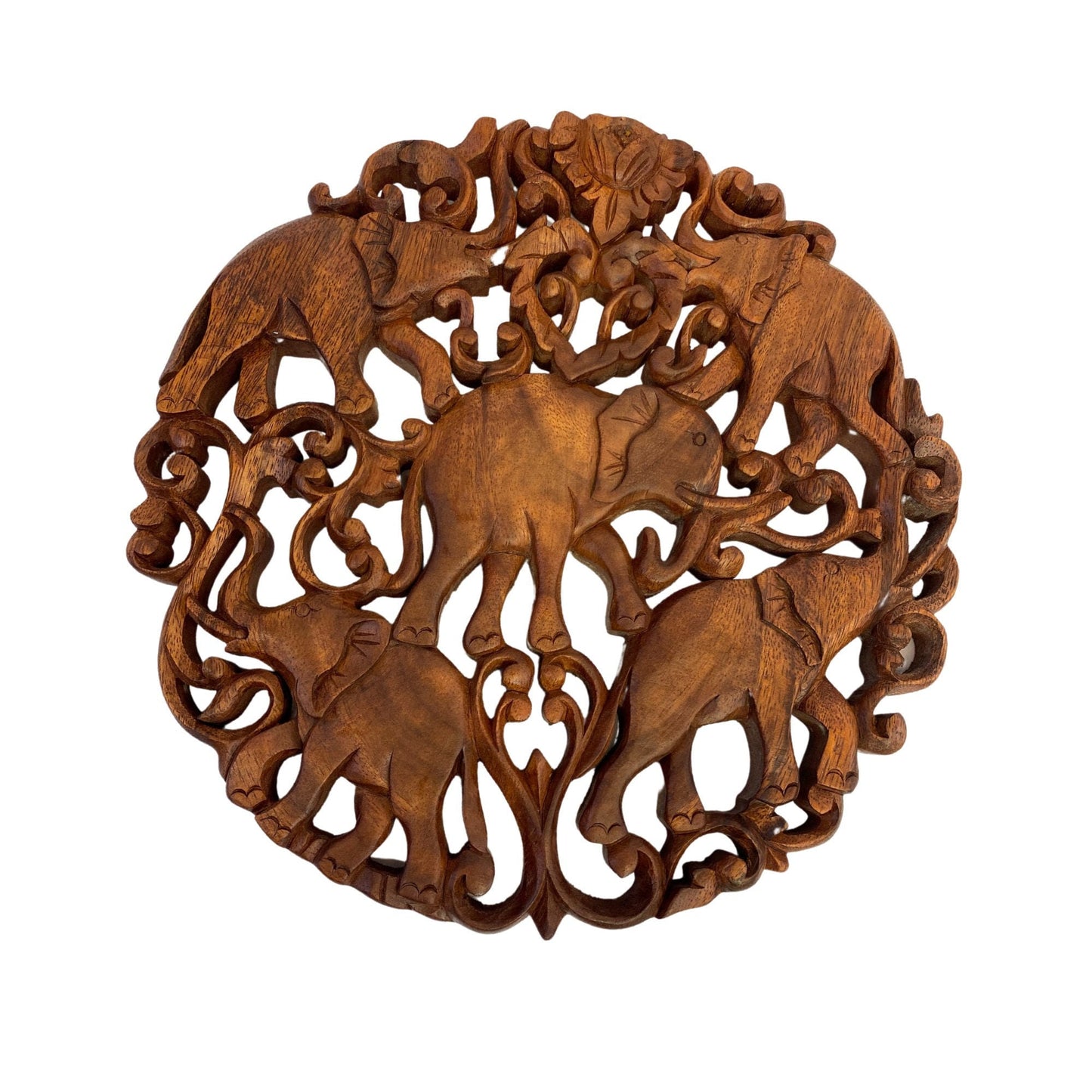 Elephant Family Panel Hand Carved Wood Relief Wall Art Round Plaque Balinese Folk Art Handmade wood Carving Home Decor