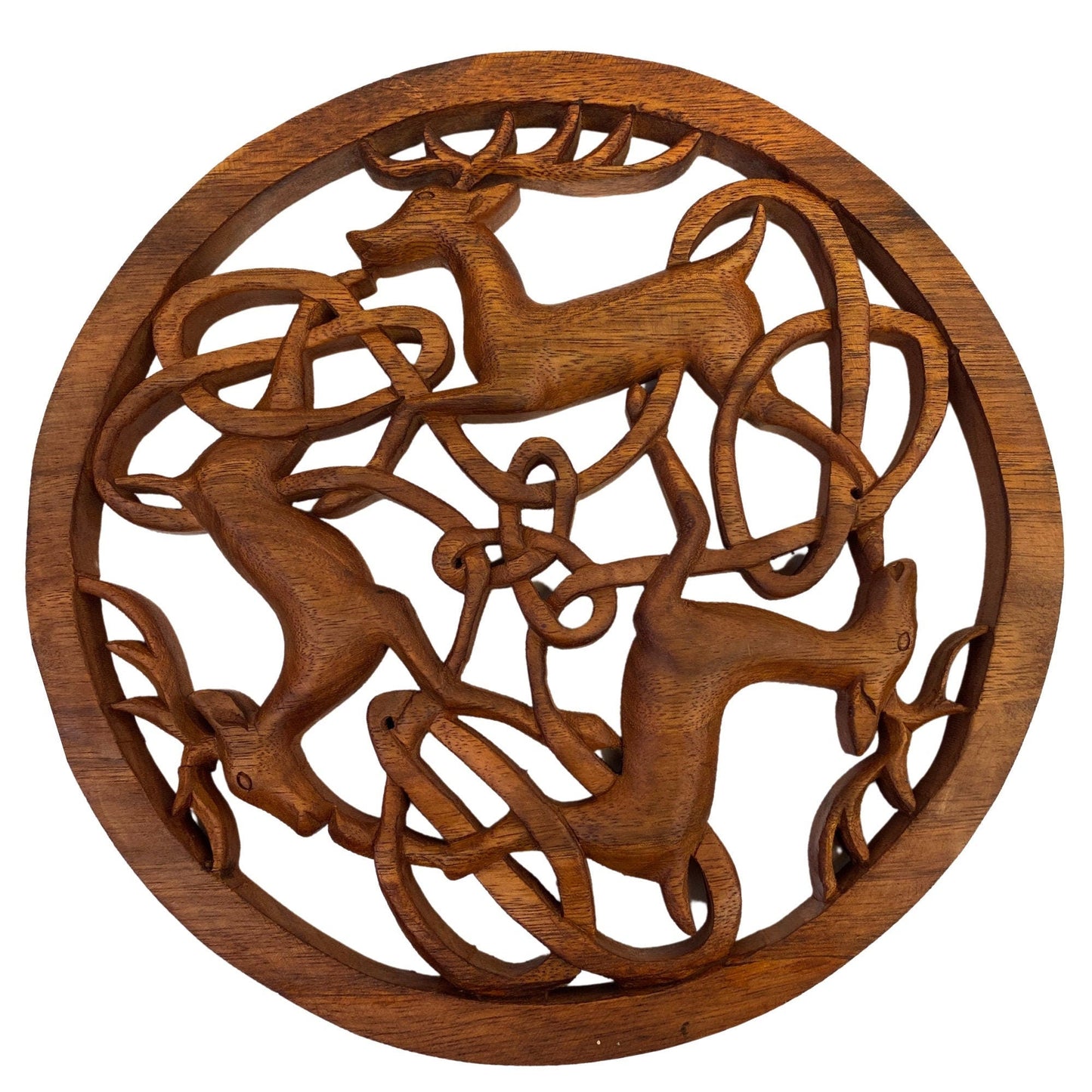 Celtic Deer Hand Carved Wood Panel Wall Art Round wooden Plaque Woodland Decor Balinese Carving Decor