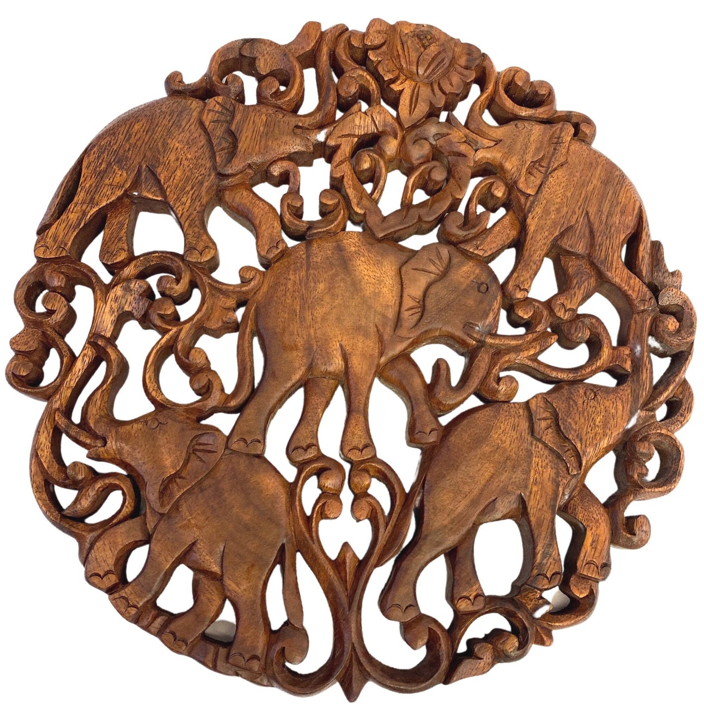 Elephant Family Panel Hand Carved Wood Relief Wall Art Round Plaque Balinese Folk Art Handmade wood Carving Home Decor