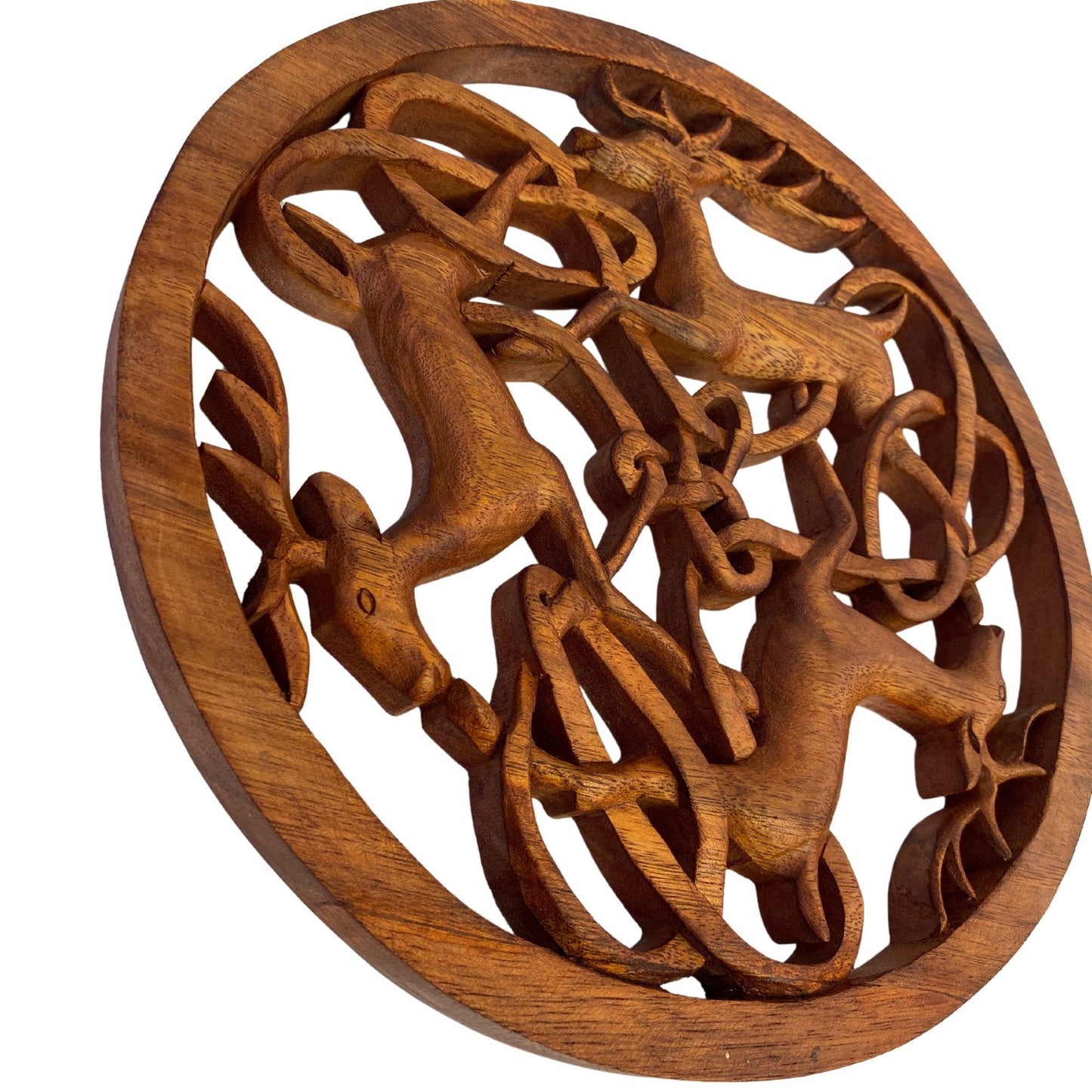 Celtic Deer Hand Carved Wood Panel Wall Art Round wooden Plaque Woodland Decor Balinese Carving Decor