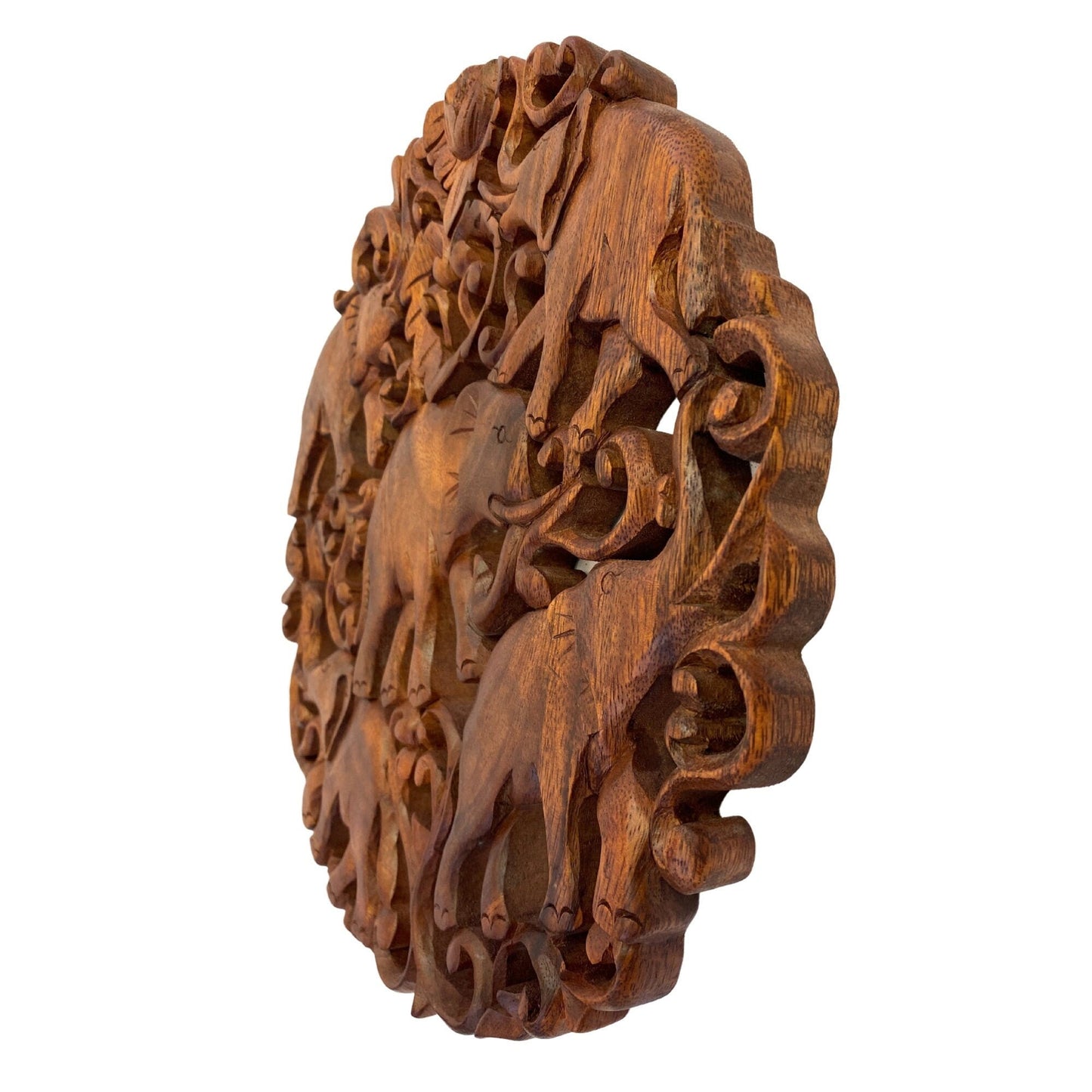 Elephant Family Panel Hand Carved Wood Relief Wall Art Round Plaque Balinese Folk Art Handmade wood Carving Home Decor