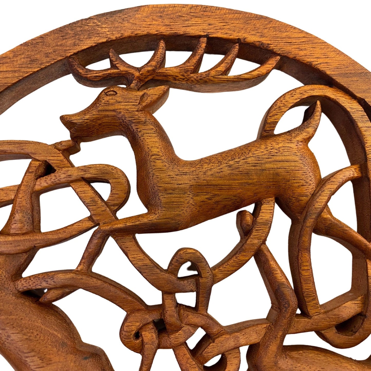 Celtic Deer Hand Carved Wood Panel Wall Art Round wooden Plaque Woodland Decor Balinese Carving Decor