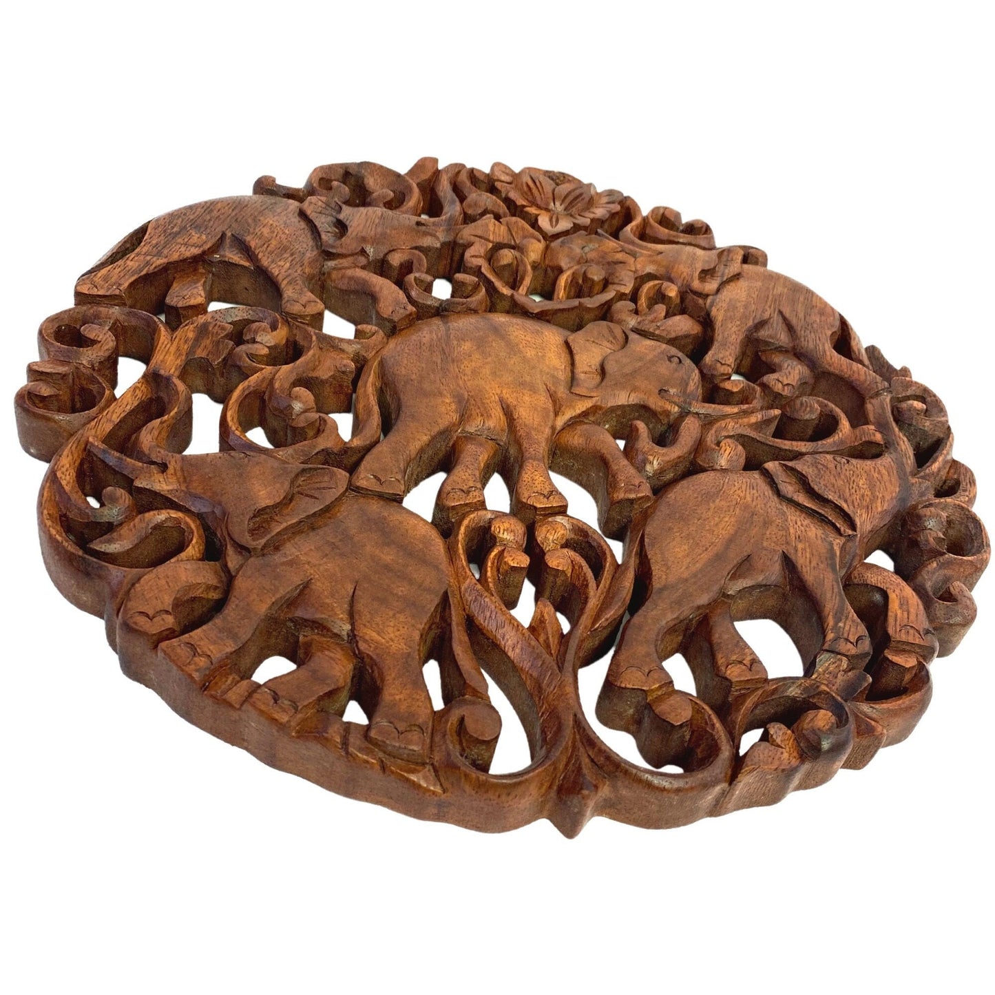 Elephant Family Panel Hand Carved Wood Relief Wall Art Round Plaque Balinese Folk Art Handmade wood Carving Home Decor