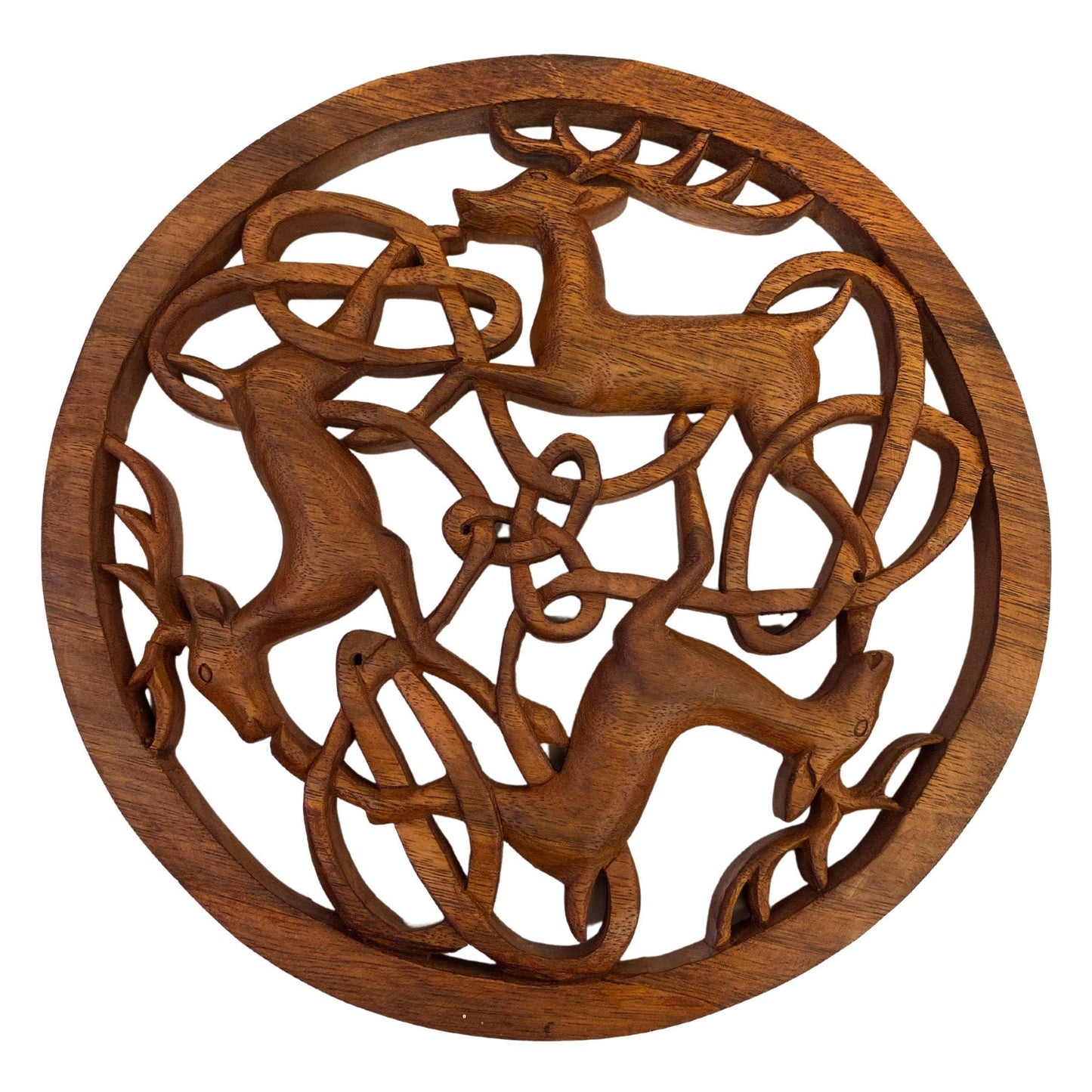 Celtic Deer Hand Carved Wood Panel Wall Art Round wooden Plaque Woodland Decor Balinese Carving Decor