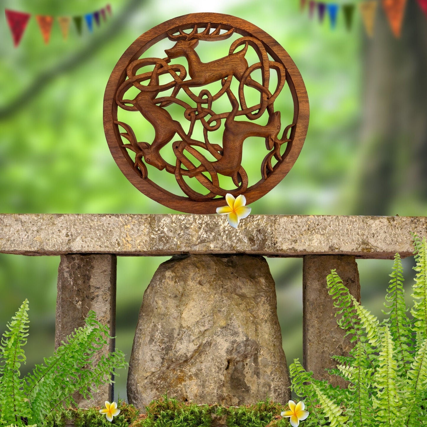 Celtic Deer Hand Carved Wood Panel Wall Art Round wooden Plaque Woodland Decor Balinese Carving Decor