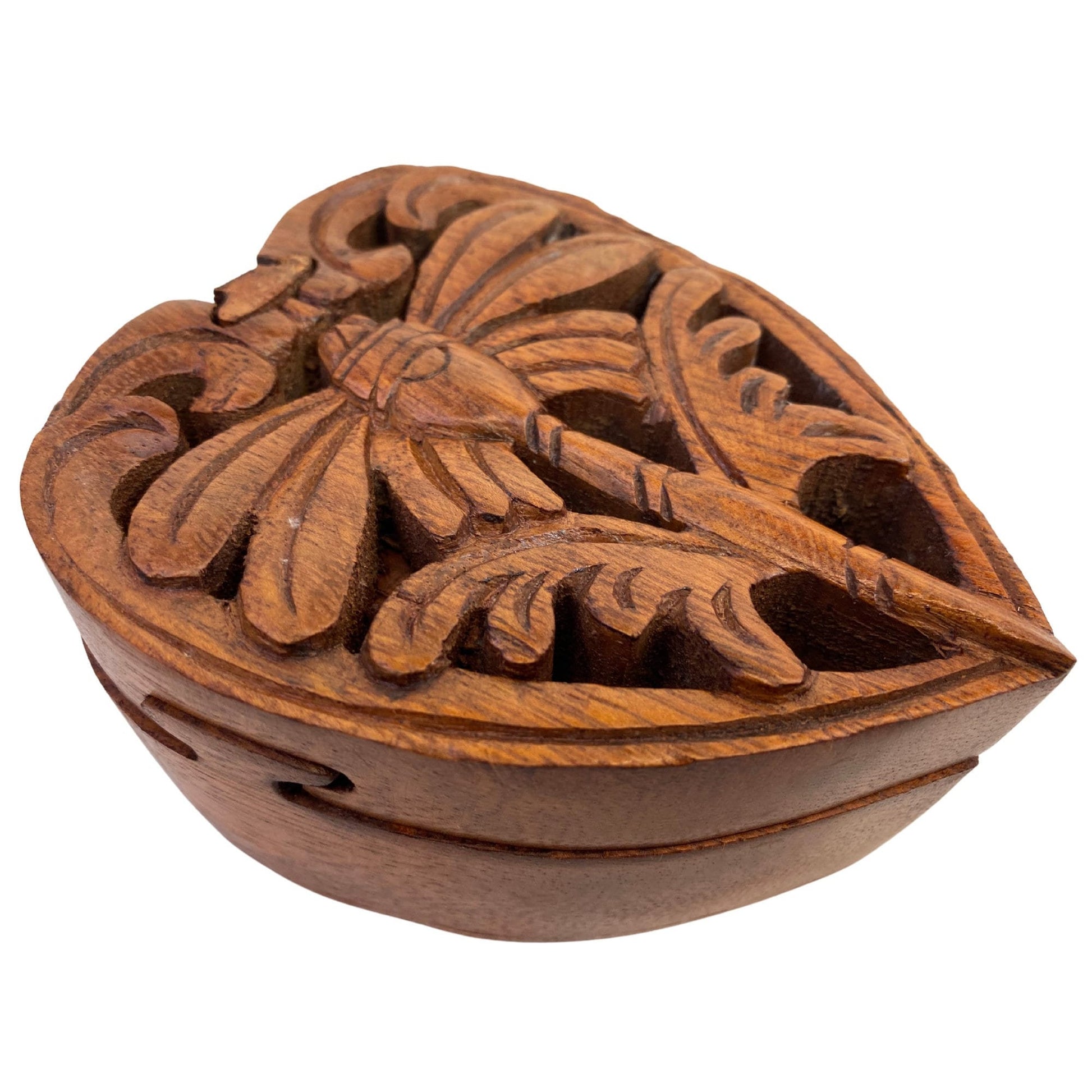 Dragonfly Heart Secret Puzzle Trinket Stash Box Jewelry gift Box Hand Carved Wood Carving Bali art - Acadia World Traders