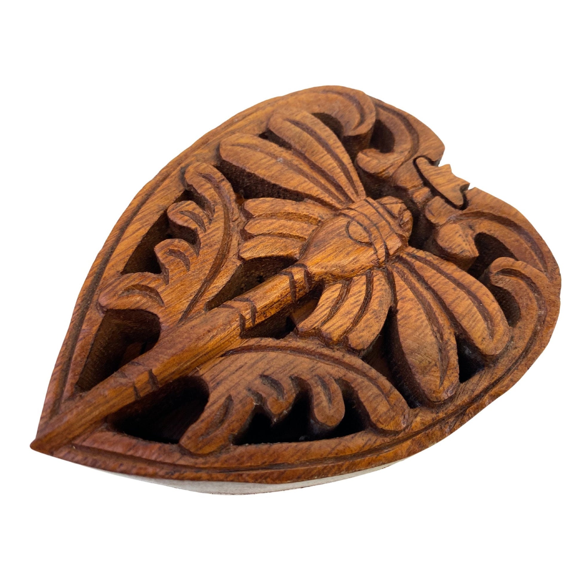 Dragonfly Heart Secret Puzzle Trinket Stash Box Jewelry gift Box Hand Carved Wood Carving Bali art - Acadia World Traders