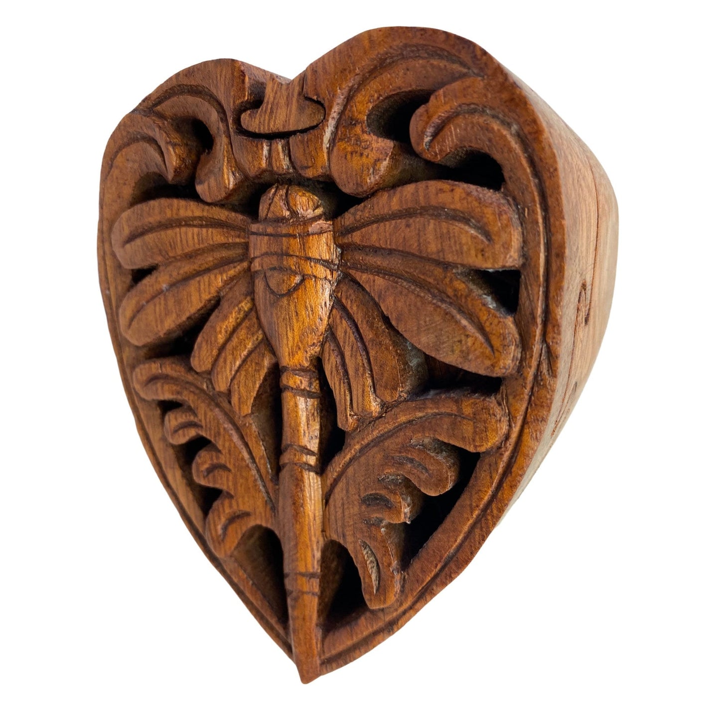 Dragonfly Heart Secret Puzzle Trinket Stash Box Jewelry gift Box Hand Carved Wood Carving Bali art - Acadia World Traders