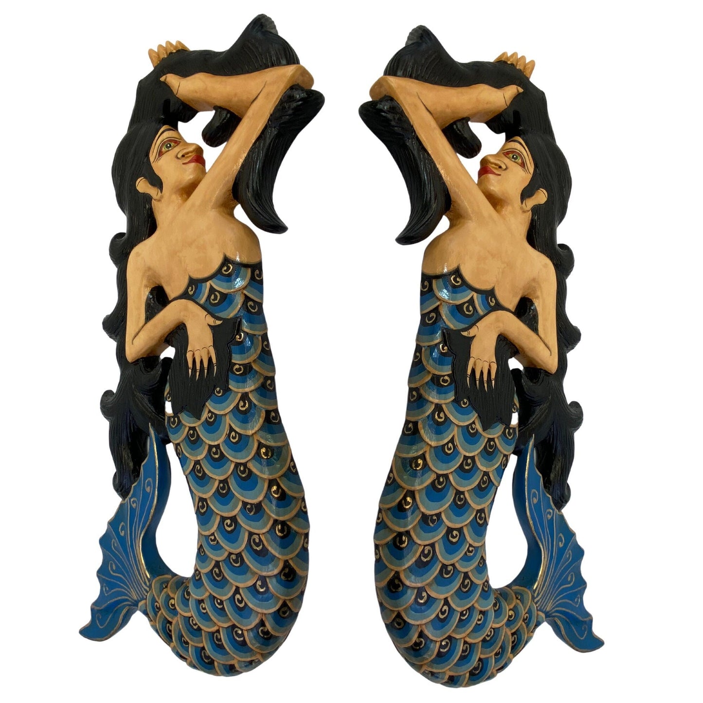 Hand Carved Balinese Mermaid Sisters Wood Wall Art Panel - Bali Folk Art