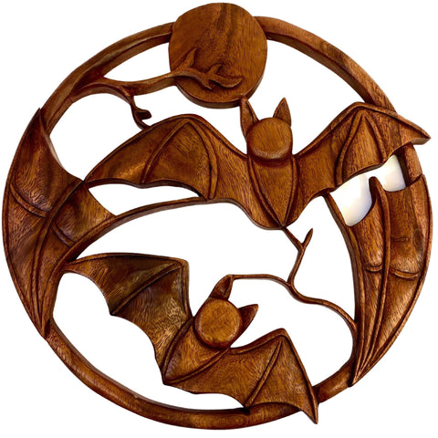 Balinese Gothic Bat Hand Carved Wood Relief Panel Full Moon Decorative Wall Art Round Plaque Handmade Carving Spooky Decor Chiroptera