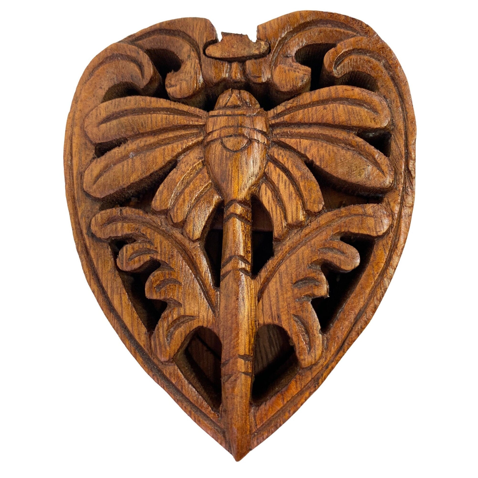 Dragonfly Heart Secret Puzzle Trinket Stash Box Jewelry gift Box Hand Carved Wood Carving Bali art - Acadia World Traders