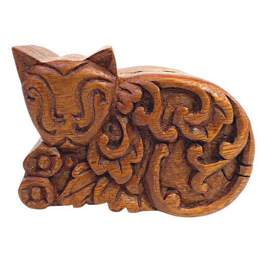 Cheshire Cat Kitty Trippy Cat Secret Puzzle Box Trinket Stash Box Hand Carved Wood jewelry gift box - Acadia World Traders