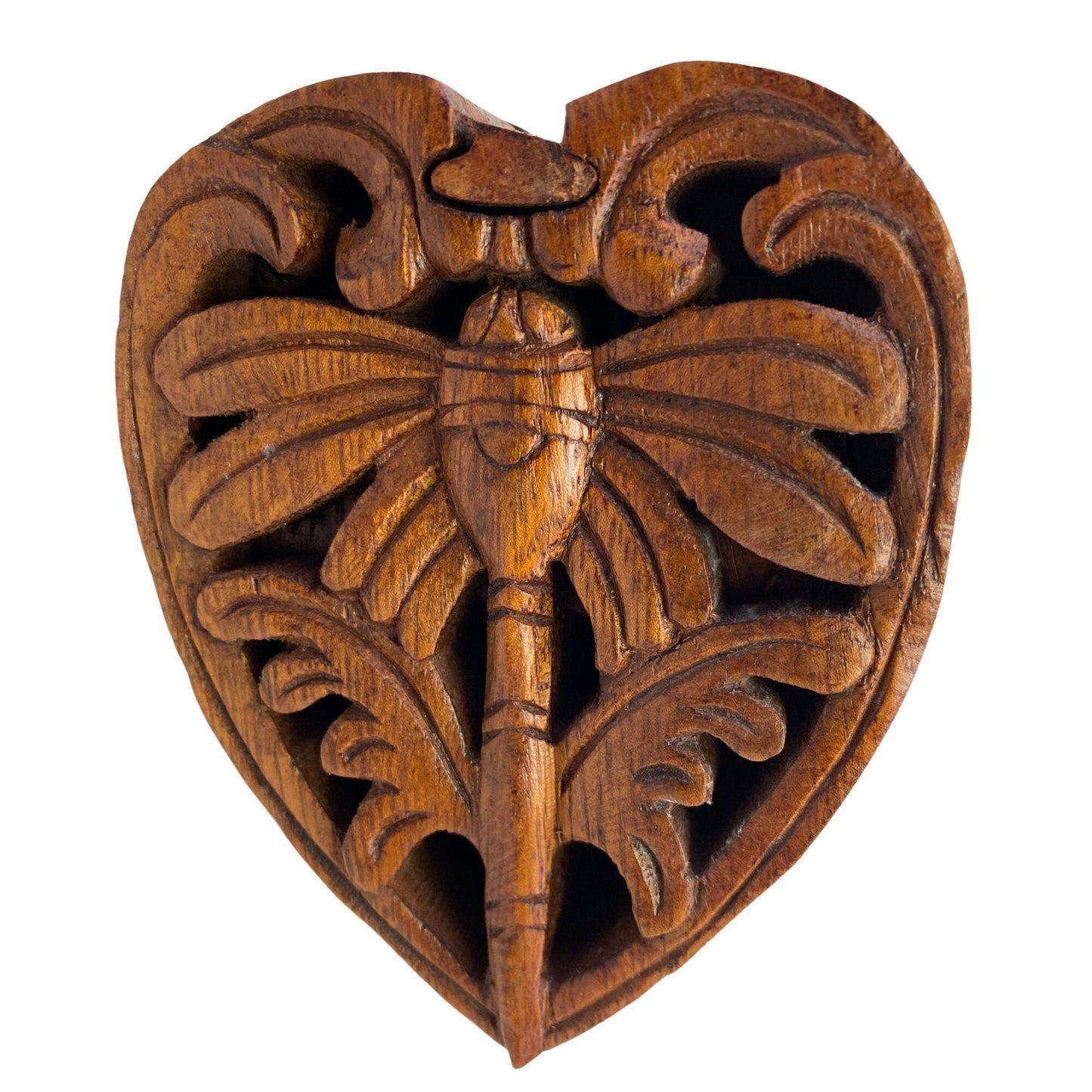 Dragonfly Heart Secret Puzzle Trinket Stash Box Jewelry gift Box Hand Carved Wood Carving Bali art - Acadia World Traders