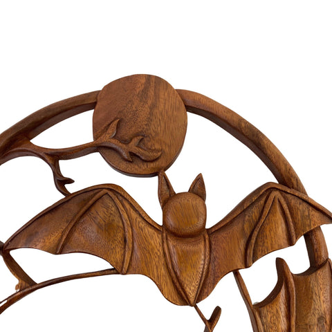 Balinese Gothic Bat Hand Carved Wood Relief Panel Full Moon Decorative Wall Art Round Plaque Handmade Carving Spooky Decor Chiroptera