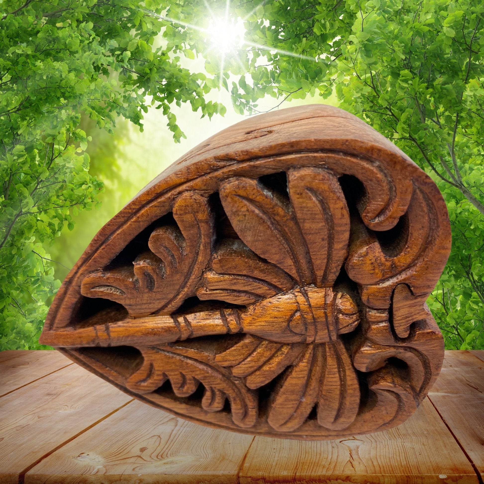 Dragonfly Heart Secret Puzzle Trinket Stash Box Jewelry gift Box Hand Carved Wood Carving Bali art - Acadia World Traders