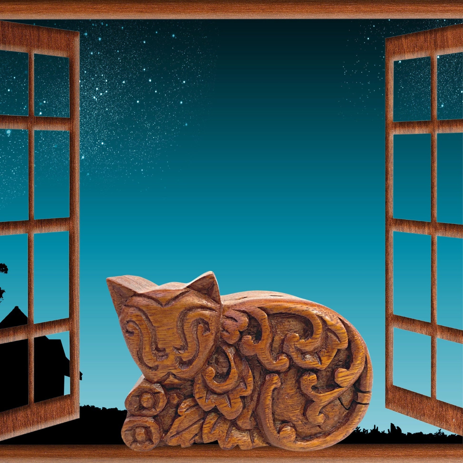 Cheshire Cat Kitty Trippy Cat Secret Puzzle Box Trinket Stash Box Hand Carved Wood jewelry gift box - Acadia World Traders
