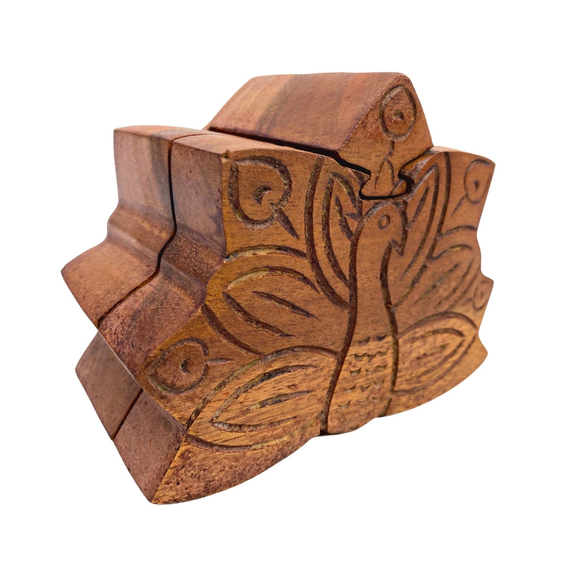Peacock Peafowl Bird  Secret Puzzle Stash Box Jewelry gift Box Hand Carved Wood Carving Bali art - Acadia World Traders