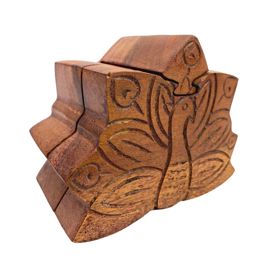 Peacock Peafowl Bird  Secret Puzzle Stash Box Jewelry gift Box Hand Carved Wood Carving Bali art - Acadia World Traders