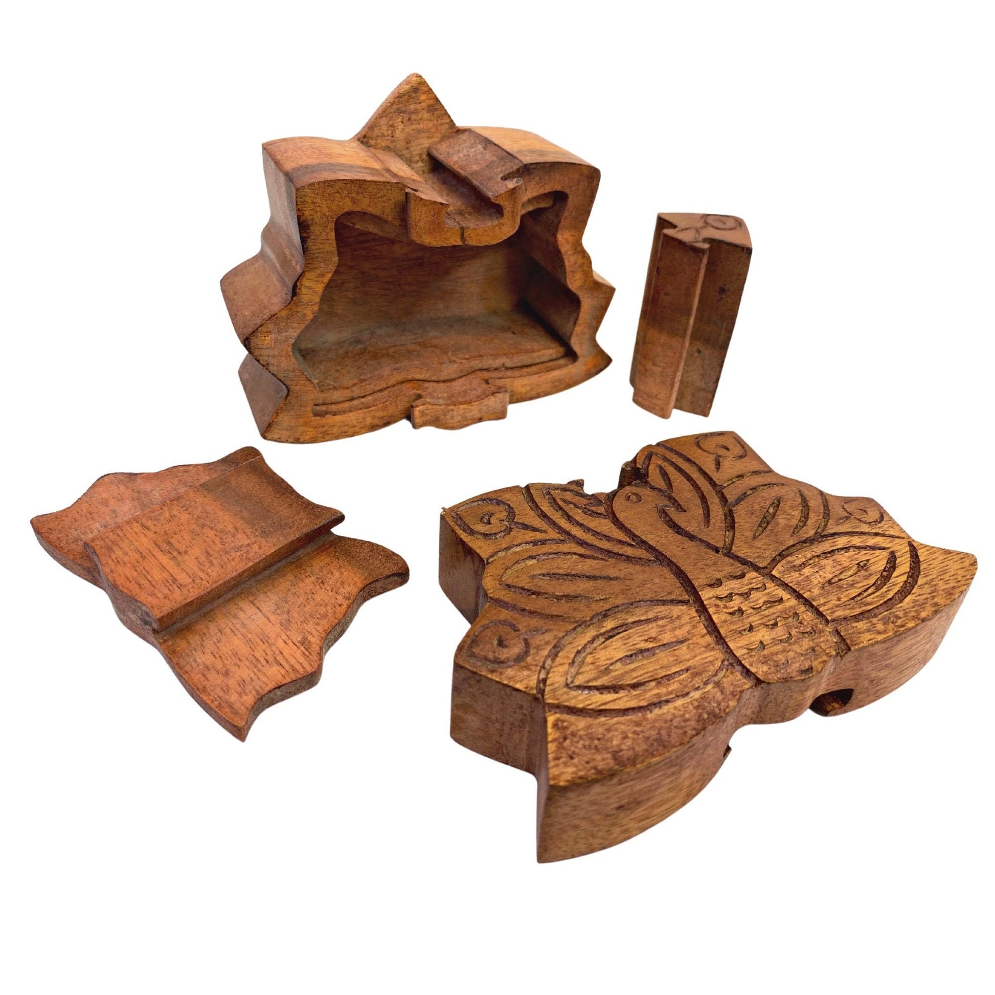 Peacock Peafowl Bird  Secret Puzzle Stash Box Jewelry gift Box Hand Carved Wood Carving Bali art - Acadia World Traders