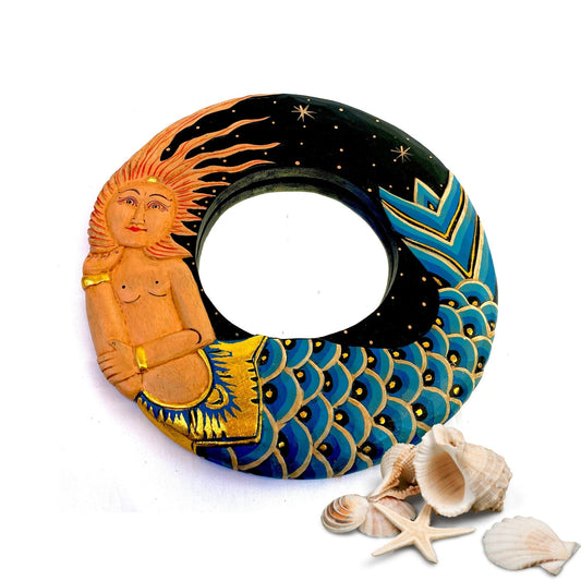 Balinese Folkloric Mermaid Goddess wall Mirror Carved Wood Bali Folk Art Nautical Beach decor Teal