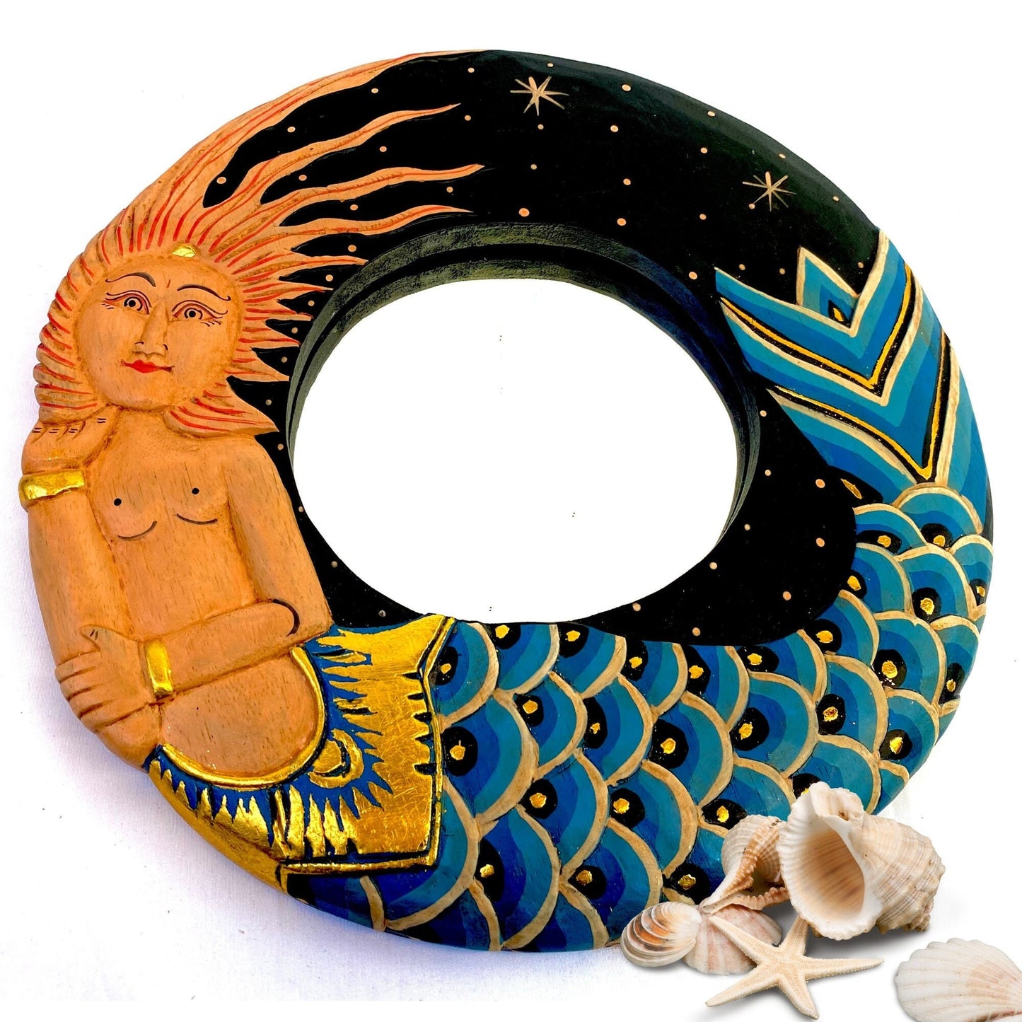 Balinese Folkloric Mermaid Goddess wall Mirror Carved Wood Bali Folk Art Nautical Beach decor Teal