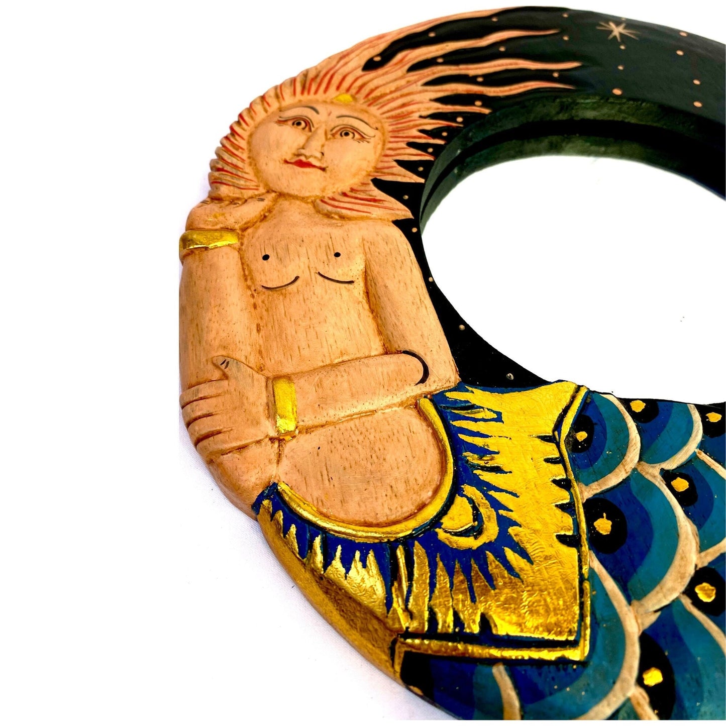 Balinese Folkloric Mermaid Goddess wall Mirror Carved Wood Bali Folk Art Nautical Beach decor Teal