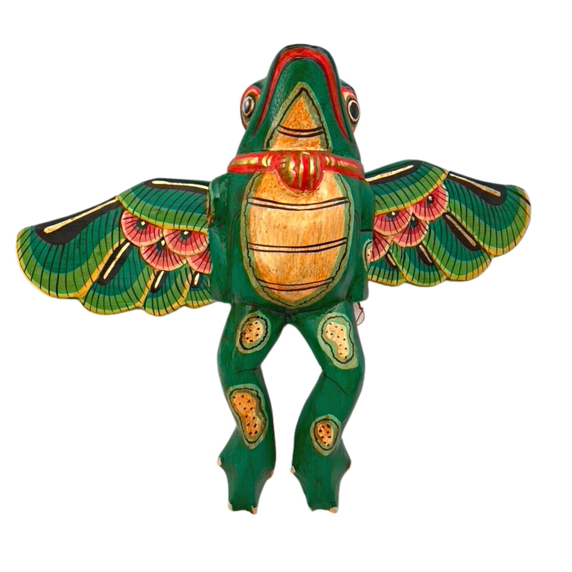 FLYING Frog Mobile Winged Spirit demon Chaser hand carved wood Balinese Folk Art green - Acadia World Traders