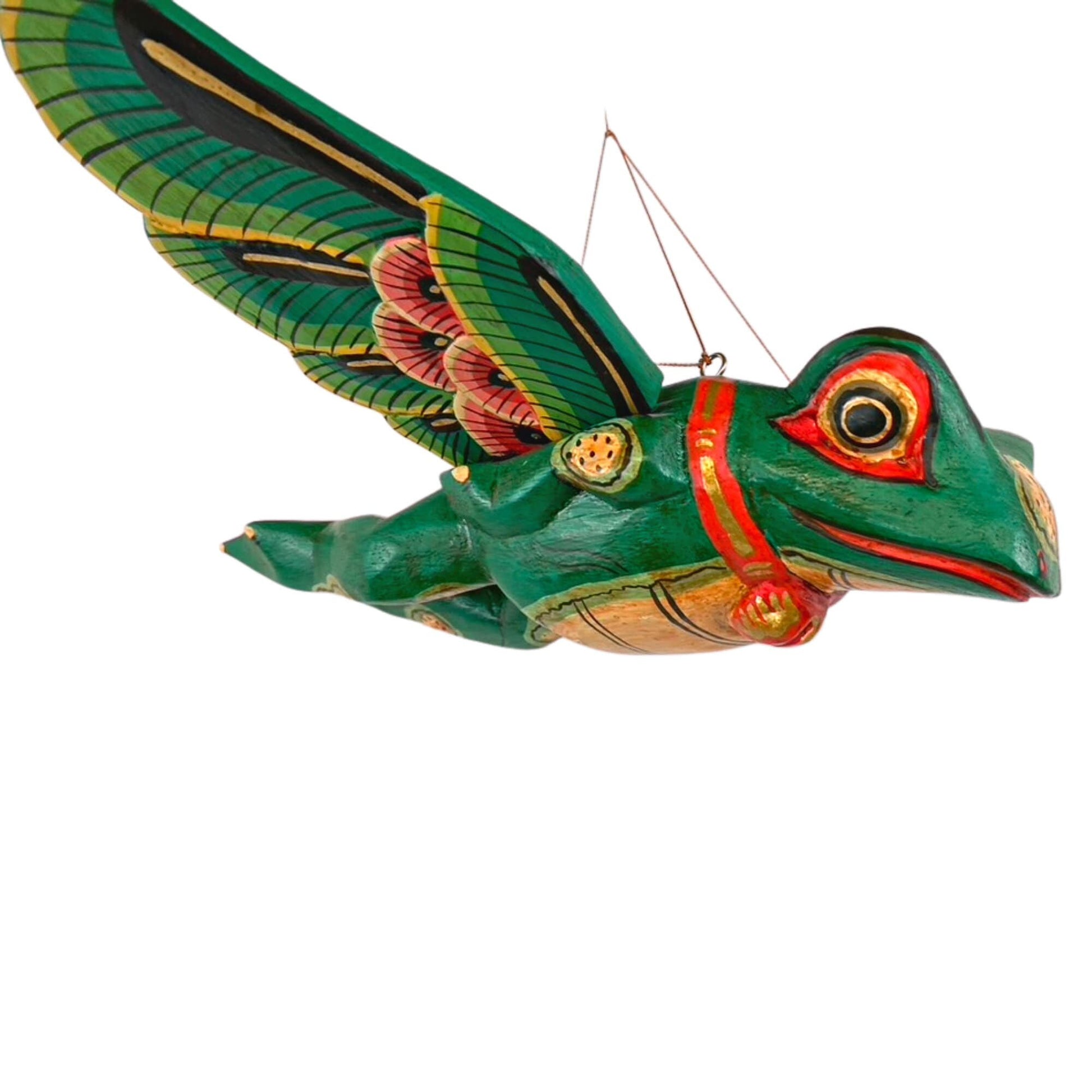 FLYING Frog Mobile Winged Spirit demon Chaser hand carved wood Balinese Folk Art green - Acadia World Traders
