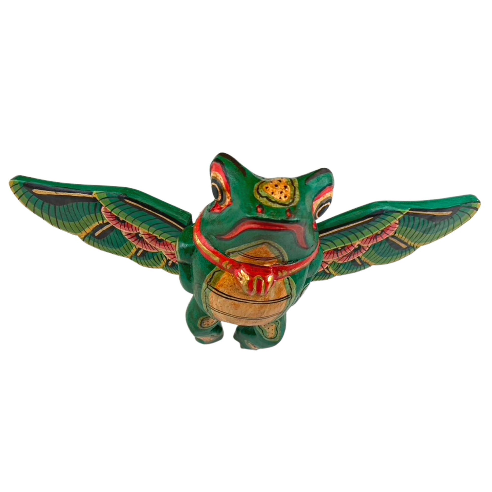 FLYING Frog Mobile Winged Spirit demon Chaser hand carved wood Balinese Folk Art green - Acadia World Traders