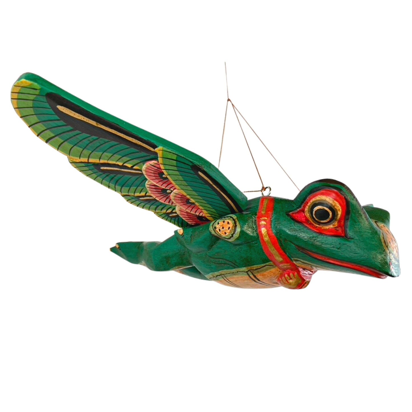 FLYING Frog Mobile Winged Spirit demon Chaser hand carved wood Balinese Folk Art green - Acadia World Traders