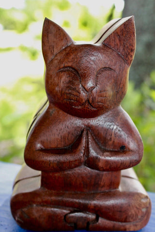 Namaste Cat  Secret puzzle Box Stash Trinket carved suar wood Bali Art