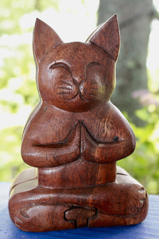 Namaste Cat  Secret puzzle Box Stash Trinket carved suar wood Bali Art