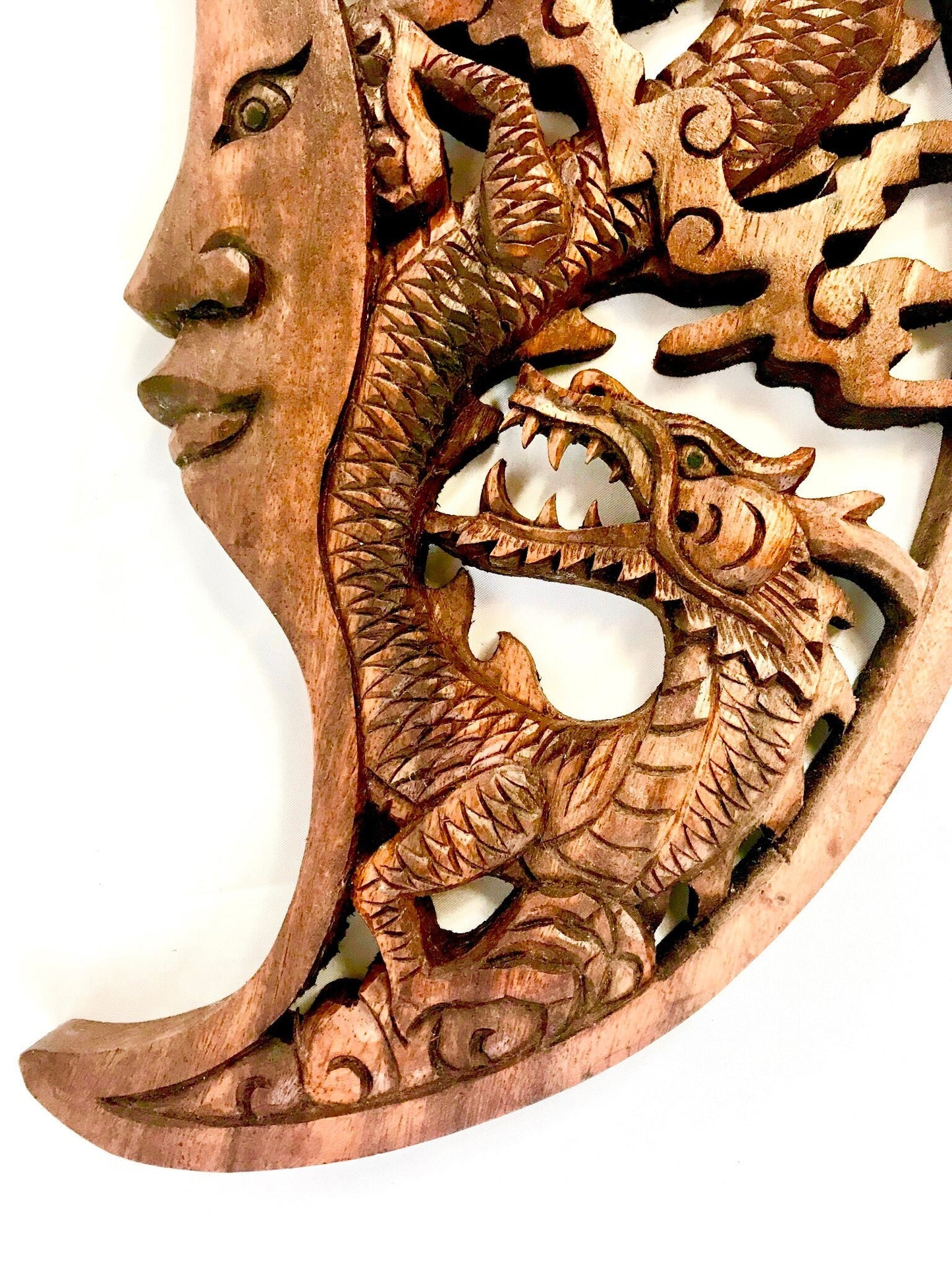 Hand Carved Dragon & Crescent Moon Wood Wall Art Panel: Balinese Wood Carving