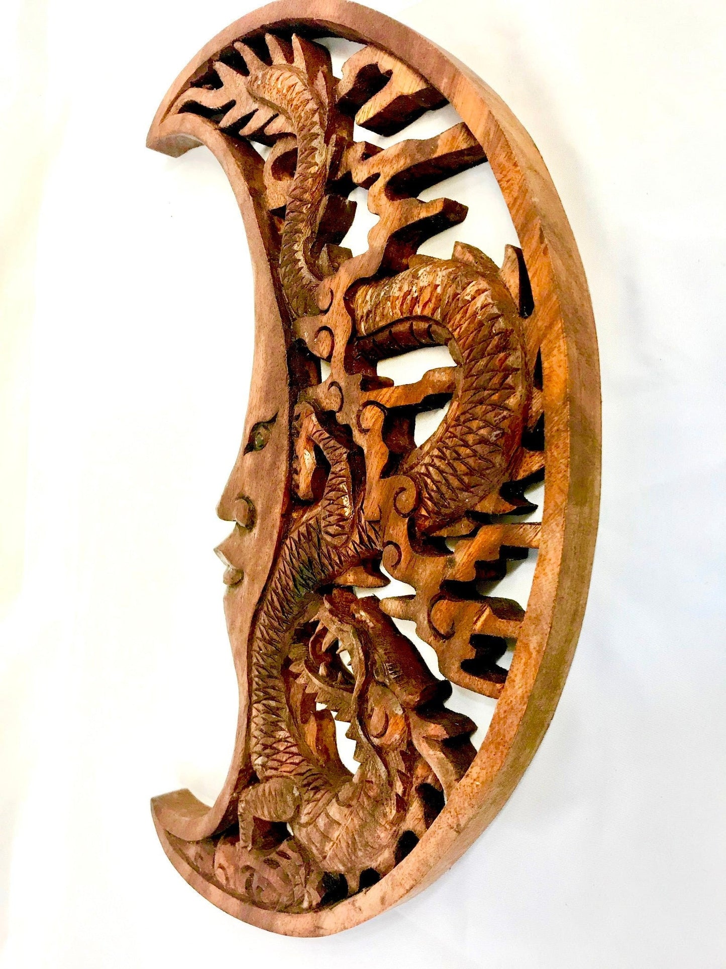 Hand Carved Dragon & Crescent Moon Wood Wall Art Panel: Balinese Wood Carving