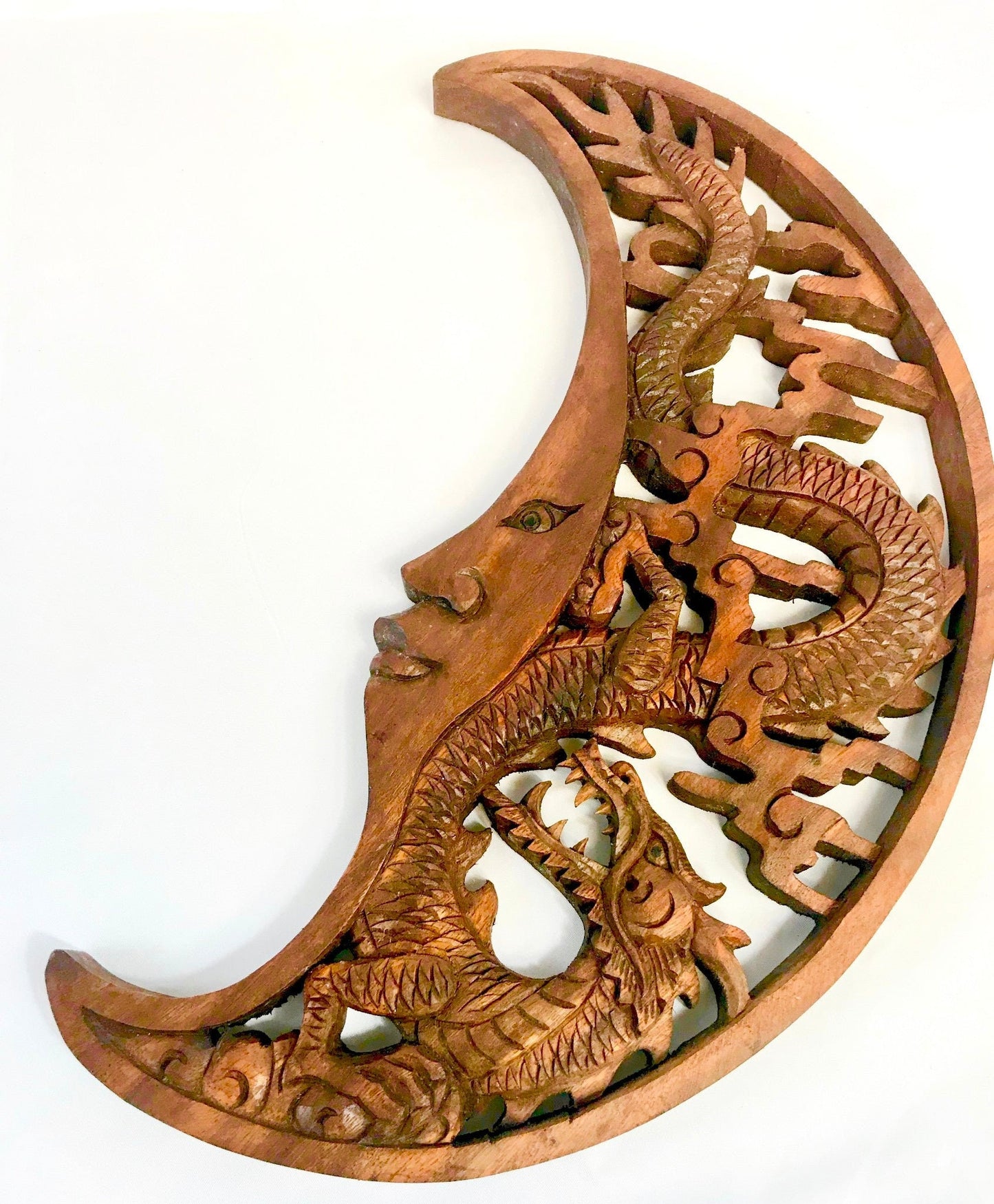 Hand Carved Dragon & Crescent Moon Wood Wall Art Panel: Balinese Wood Carving