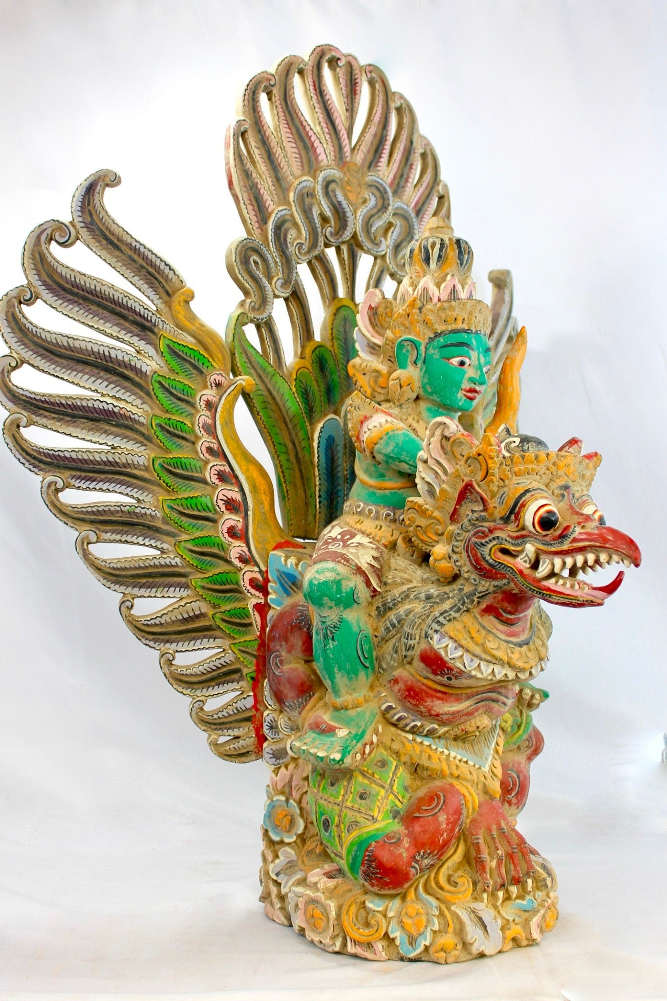 Balinese Hand Carved Garuda Vishnu Statue: Indonesian Polychrome Wood Guardian Sculpture