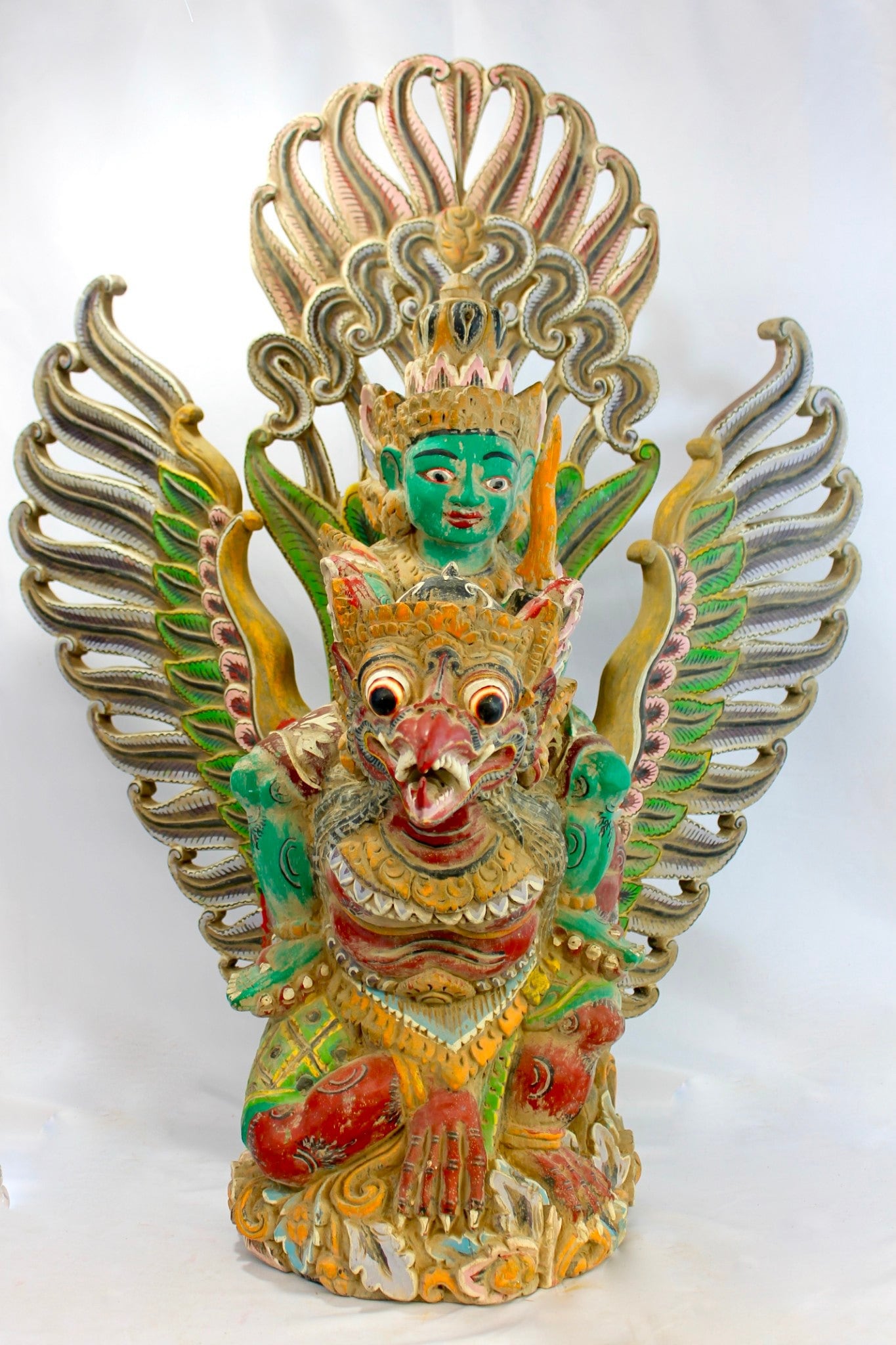 Balinese Hand Carved Garuda Vishnu Statue: Indonesian Polychrome Wood Guardian Sculpture