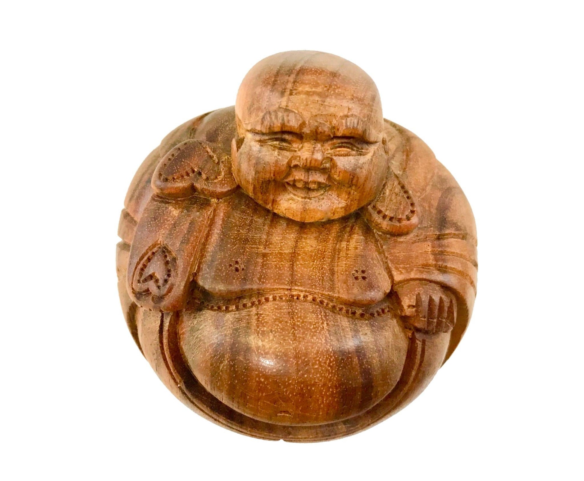 Hotei Laughing Buddha Statue Sculpture hand carved wood Bali Art - Acadia World Traders