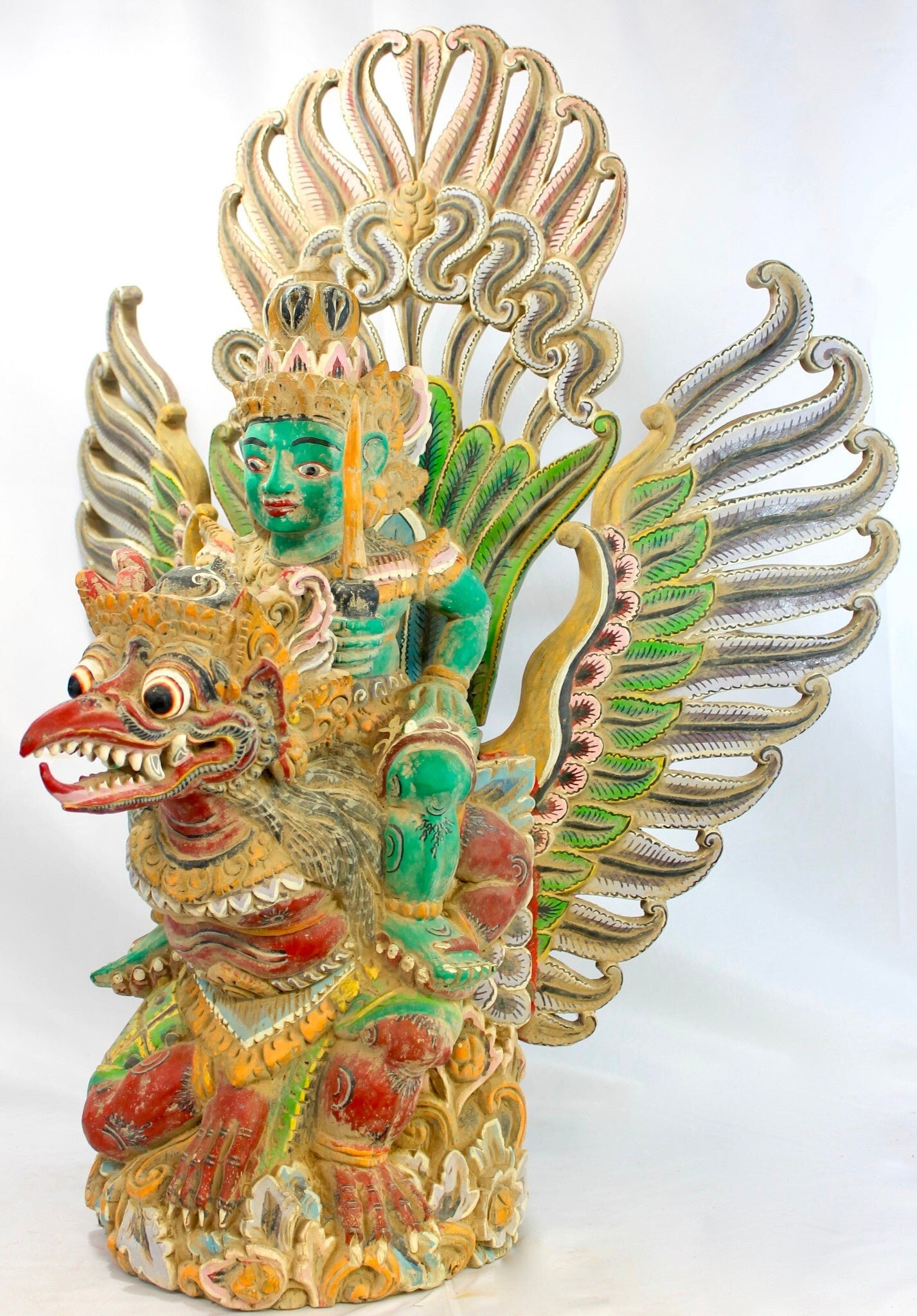 Balinese Hand Carved Garuda Vishnu Statue: Indonesian Polychrome Wood Guardian Sculpture
