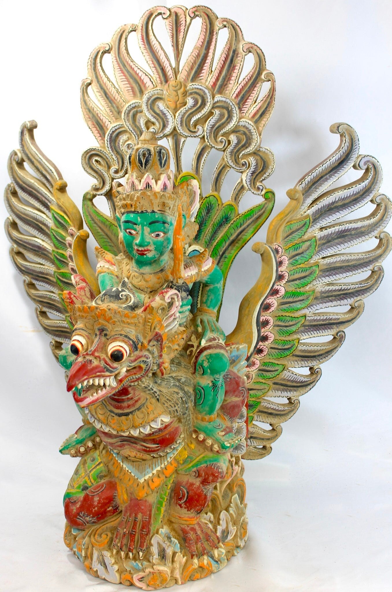 Balinese Hand Carved Garuda Vishnu Statue: Indonesian Polychrome Wood Guardian Sculpture