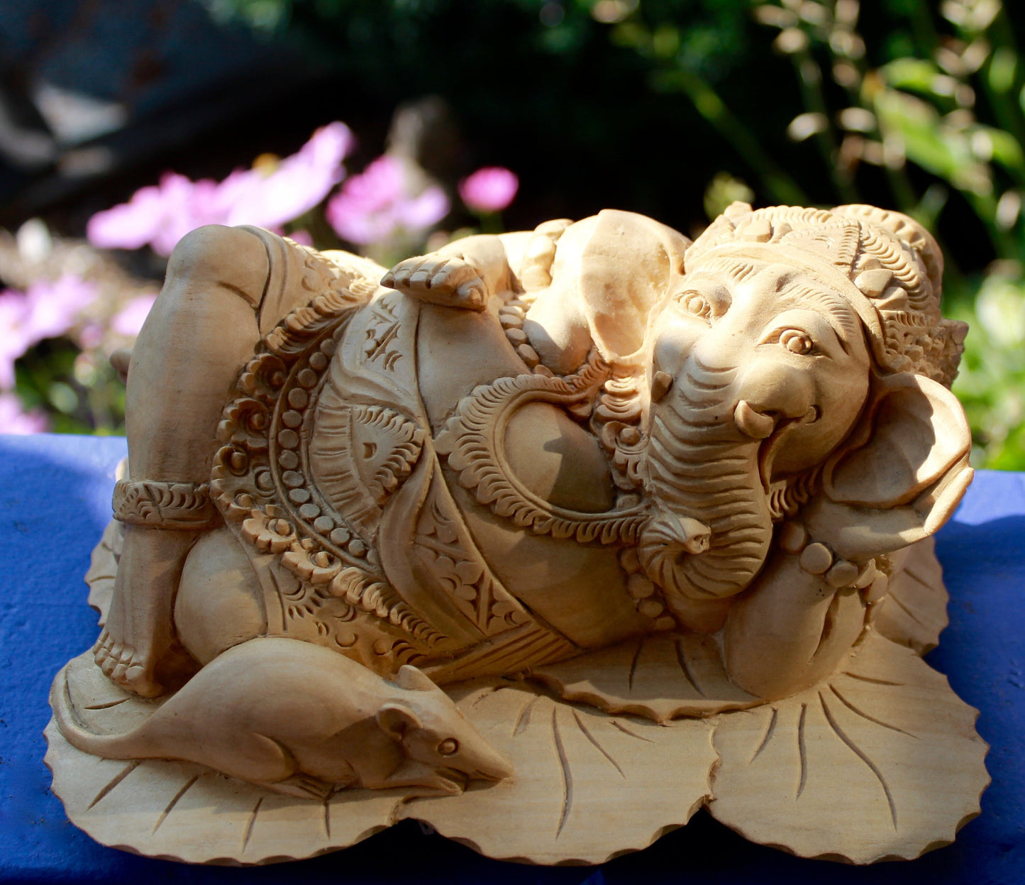 Balinese Reclining Ganesh with Vahana Mouse Wise Elephant God Wood Carving