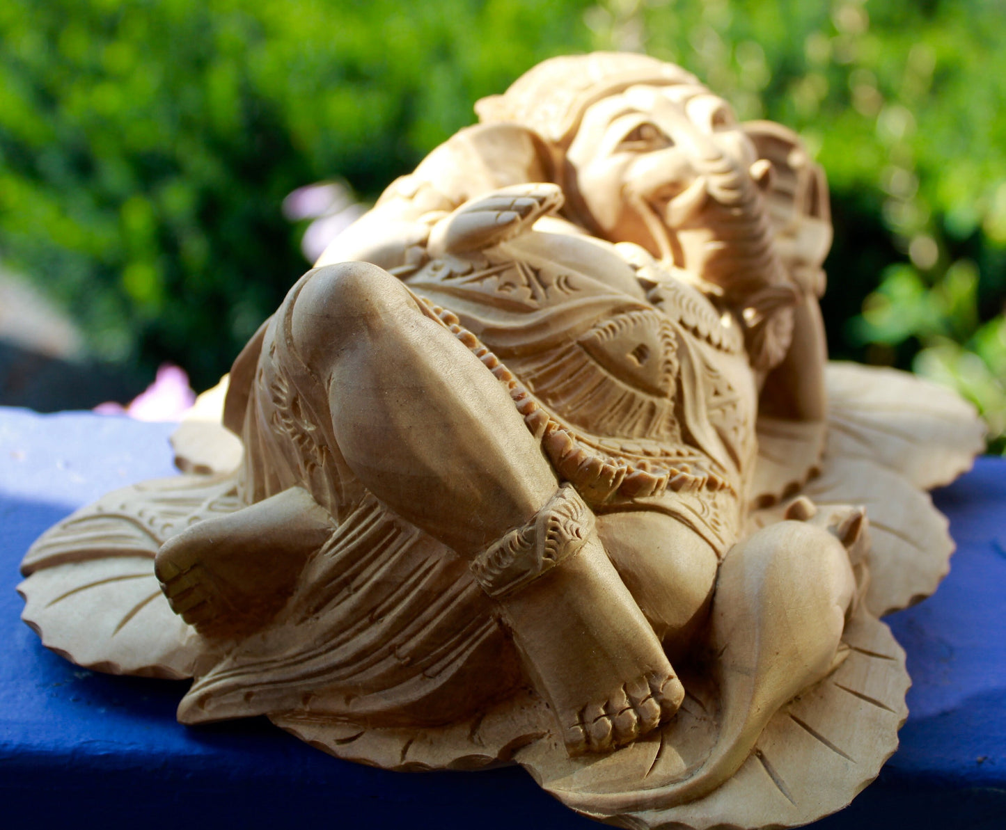 Balinese Reclining Ganesh with Vahana Mouse Wise Elephant God Wood Carving