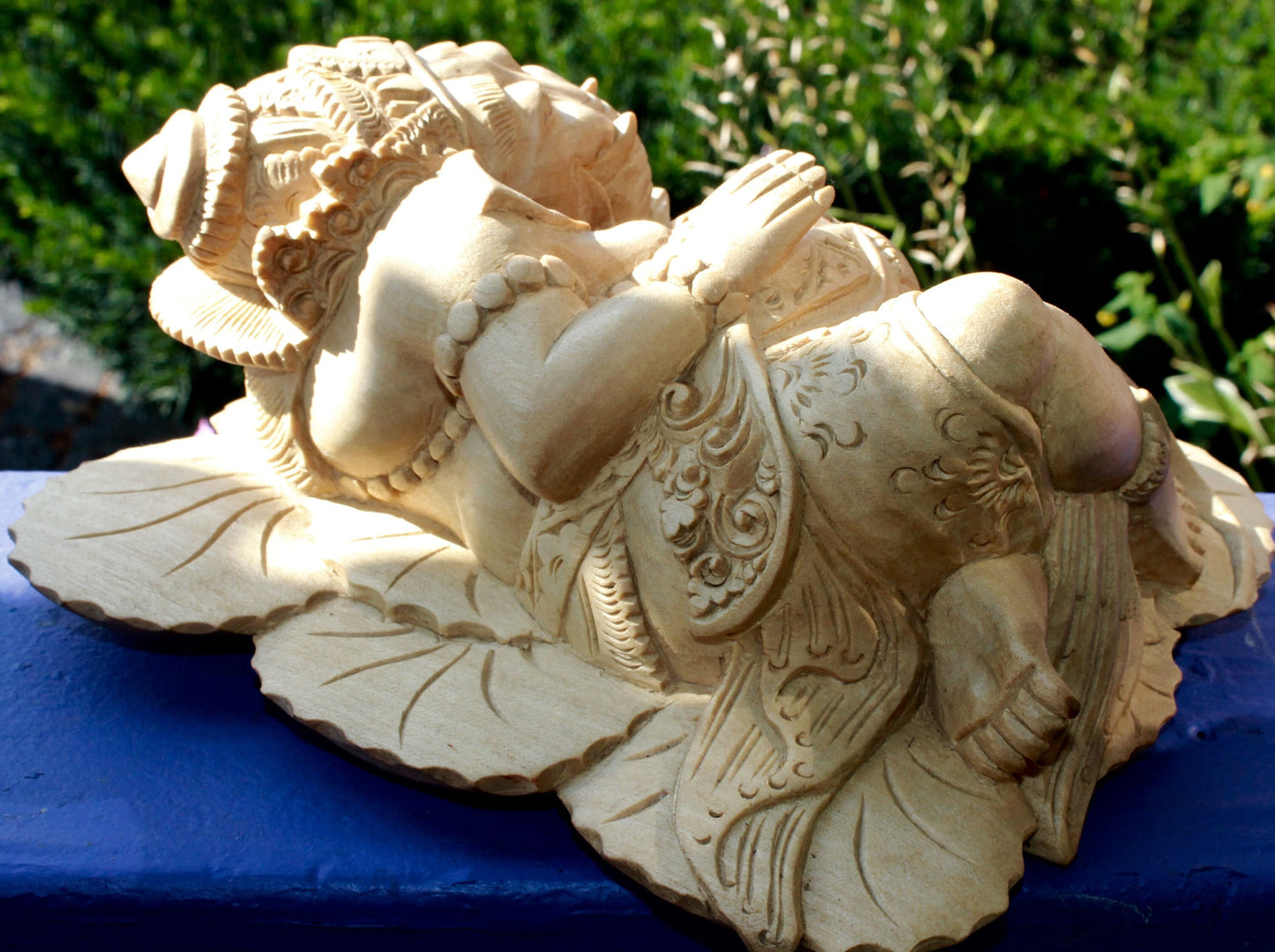 Balinese Reclining Ganesh with Vahana Mouse Wise Elephant God Wood Carving