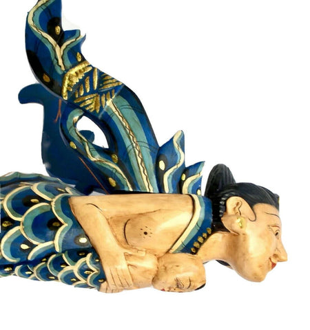 Winged Mermaid Mobile Mother baby Cradle Guardian Bali Art Hand Carved wood Teal