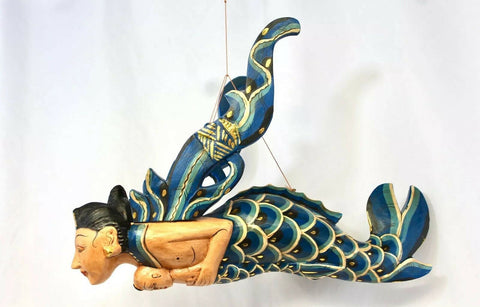 Winged Mermaid Mobile Mother baby Cradle Guardian Bali Art Hand Carved wood Teal