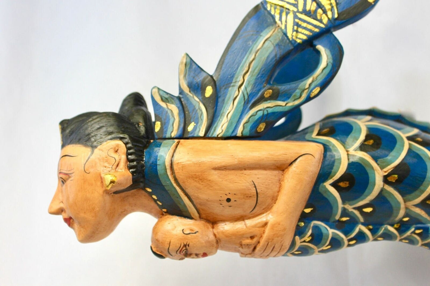 Winged Mermaid Mobile Mother baby Cradle Guardian Bali Art Hand Carved wood Teal